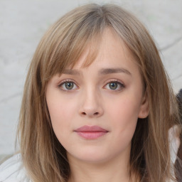 Neutral white young-adult female with medium  brown hair and grey eyes