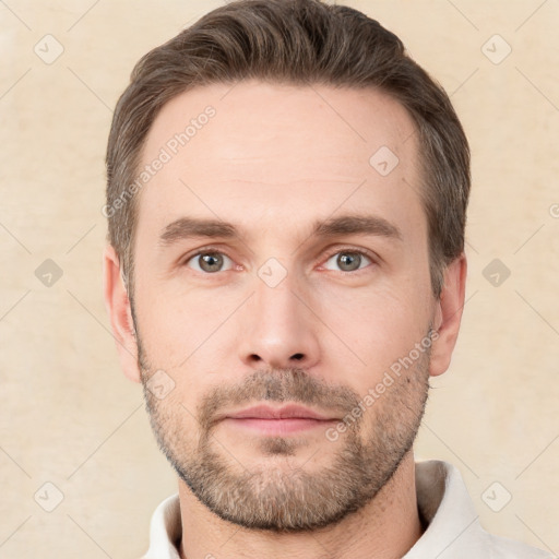 Neutral white young-adult male with short  brown hair and grey eyes