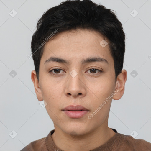 Neutral asian young-adult male with short  black hair and brown eyes