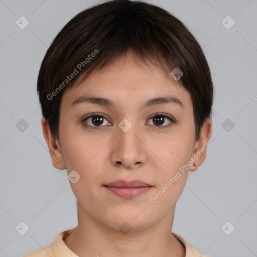 Neutral white young-adult female with short  brown hair and brown eyes