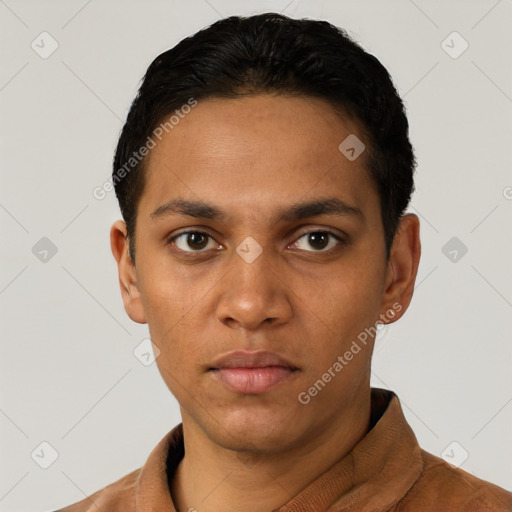 Neutral latino young-adult male with short  black hair and brown eyes