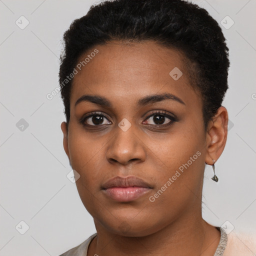 Neutral black young-adult female with short  black hair and brown eyes