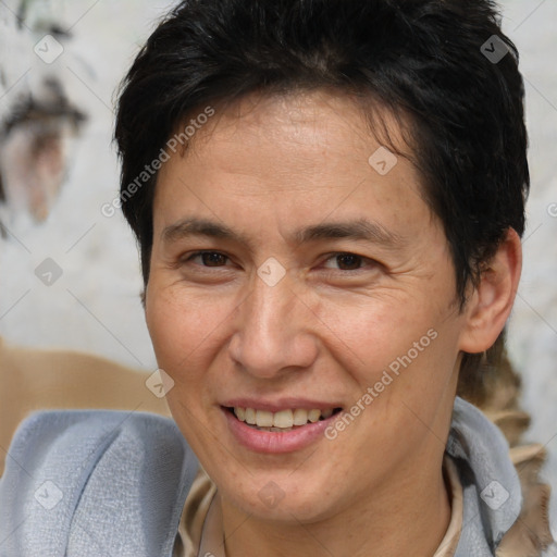 Joyful white adult male with medium  brown hair and brown eyes