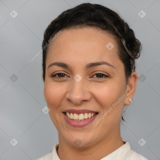 Joyful white young-adult female with short  brown hair and brown eyes