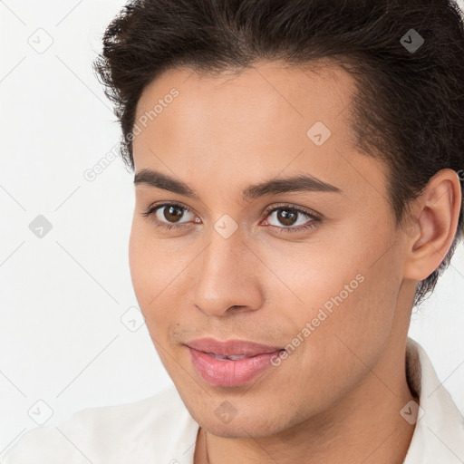 Joyful white young-adult female with short  brown hair and brown eyes