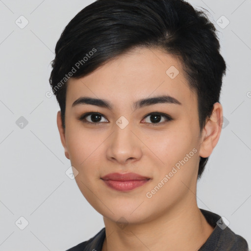 Joyful asian young-adult female with short  black hair and brown eyes