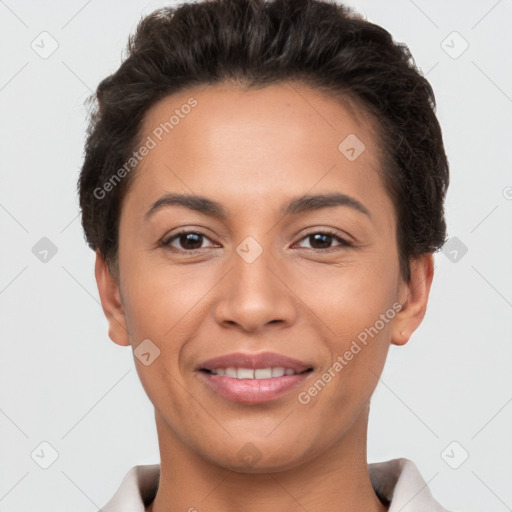 Joyful white young-adult female with short  brown hair and brown eyes