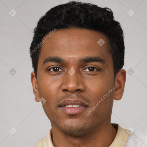 Neutral latino young-adult male with short  black hair and brown eyes