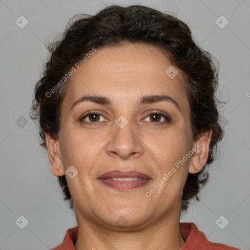 Joyful white adult female with short  brown hair and brown eyes