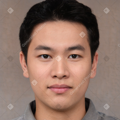 Neutral asian young-adult male with short  black hair and brown eyes