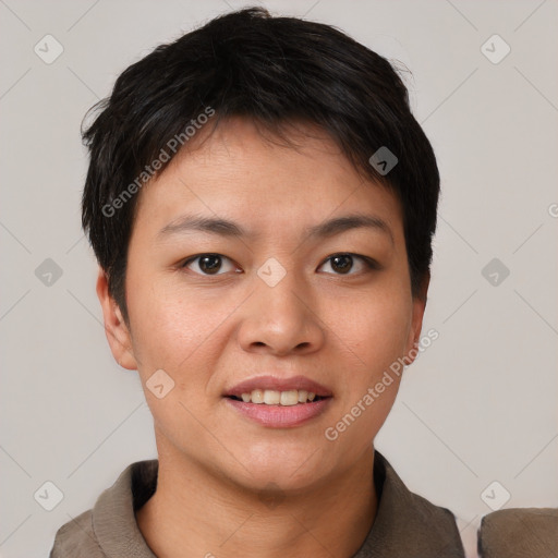 Joyful asian young-adult female with short  brown hair and brown eyes