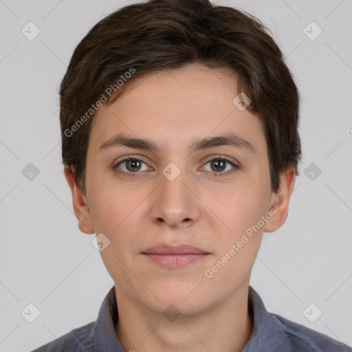 Neutral white young-adult female with short  brown hair and brown eyes