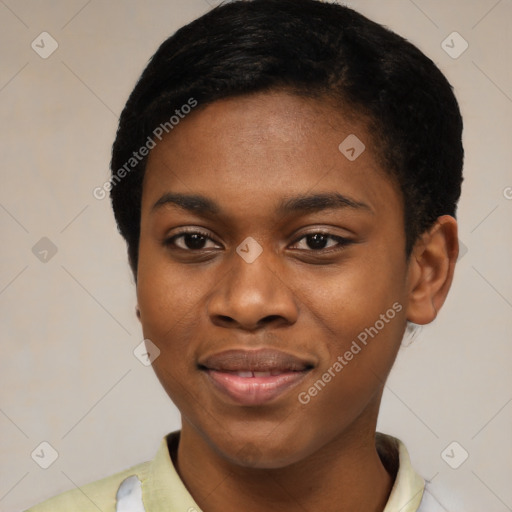 Joyful latino young-adult female with short  black hair and brown eyes