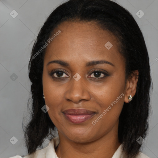 Joyful latino young-adult female with medium  brown hair and brown eyes