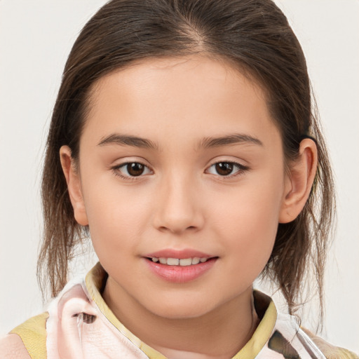 Joyful white child female with medium  brown hair and brown eyes