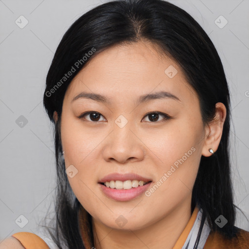 Joyful asian young-adult female with medium  black hair and brown eyes