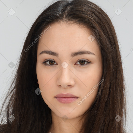 Neutral white young-adult female with long  brown hair and brown eyes