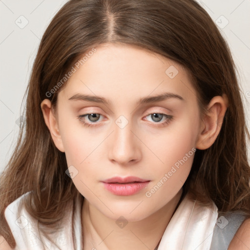 Neutral white young-adult female with medium  brown hair and brown eyes