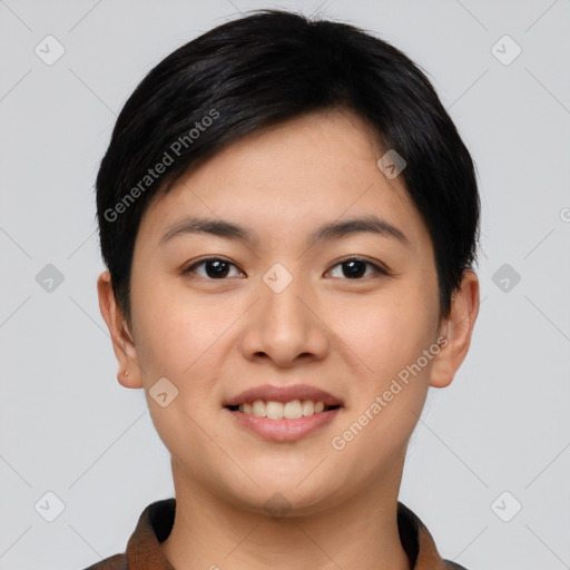 Joyful asian young-adult female with short  black hair and brown eyes