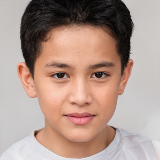 Joyful white child male with short  brown hair and brown eyes