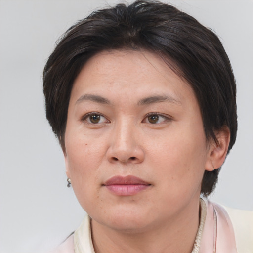Joyful asian adult female with short  brown hair and brown eyes