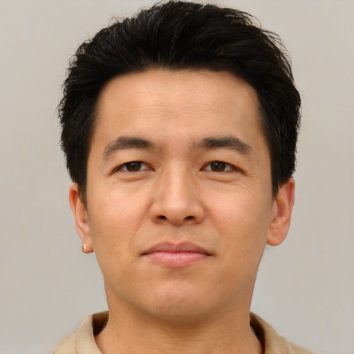 Neutral asian young-adult male with short  black hair and brown eyes