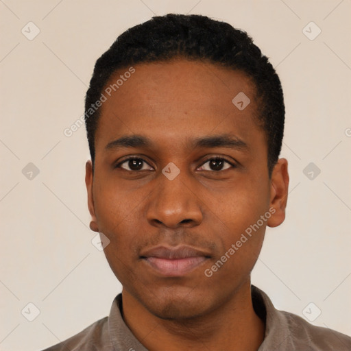 Neutral black young-adult male with short  black hair and brown eyes