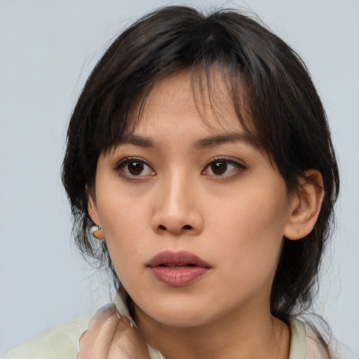 Neutral asian young-adult female with medium  brown hair and brown eyes