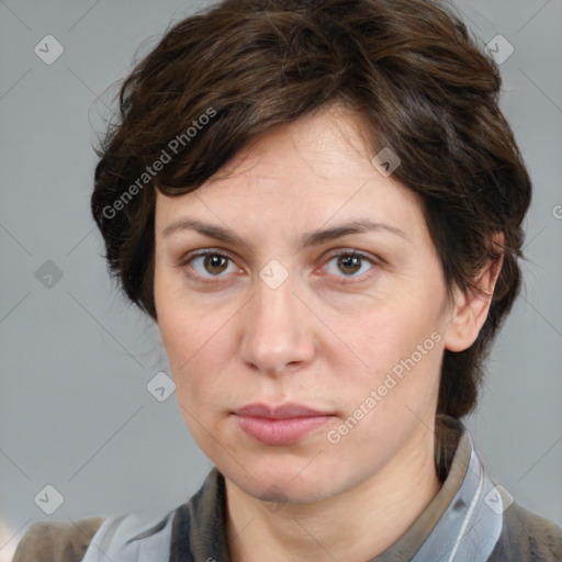 Neutral white young-adult female with medium  brown hair and brown eyes