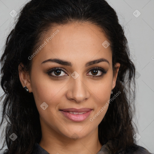 Joyful latino young-adult female with long  brown hair and brown eyes