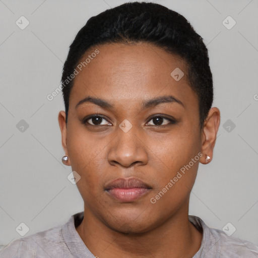 Neutral black young-adult female with short  black hair and brown eyes