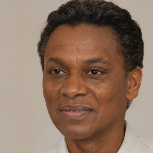 Joyful black adult male with short  brown hair and brown eyes