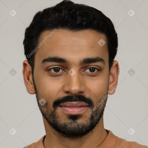 Joyful latino young-adult male with short  black hair and brown eyes