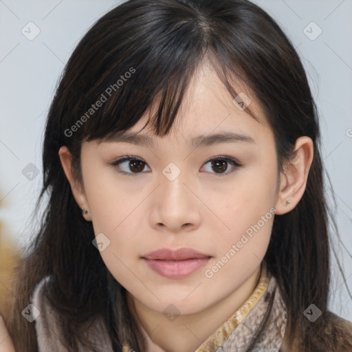 Neutral asian young-adult female with medium  brown hair and brown eyes