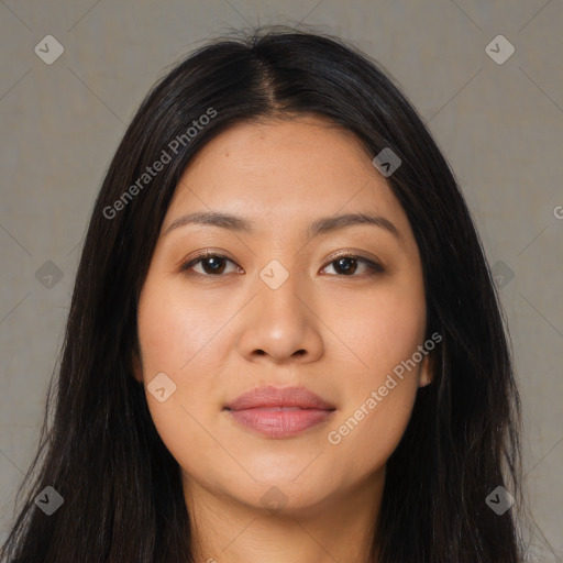 Joyful latino young-adult female with long  brown hair and brown eyes