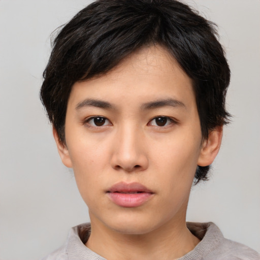 Neutral asian young-adult male with short  brown hair and brown eyes