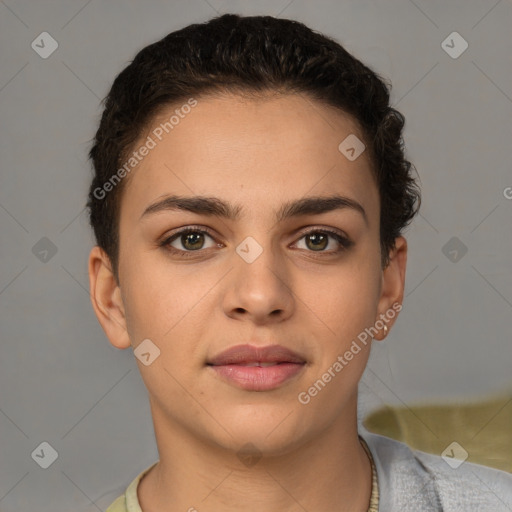 Neutral white young-adult female with short  brown hair and brown eyes