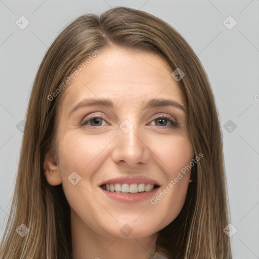 Joyful white young-adult female with long  brown hair and grey eyes