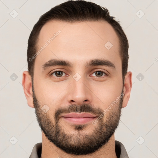 Joyful white young-adult male with short  brown hair and brown eyes