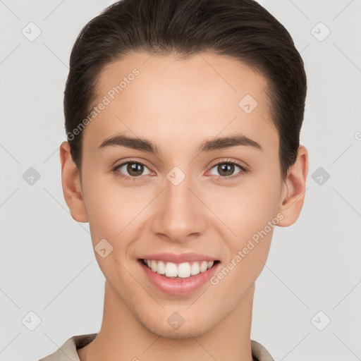 Joyful white young-adult female with short  brown hair and brown eyes