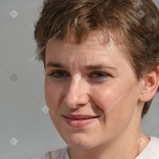 Joyful white young-adult male with medium  brown hair and brown eyes