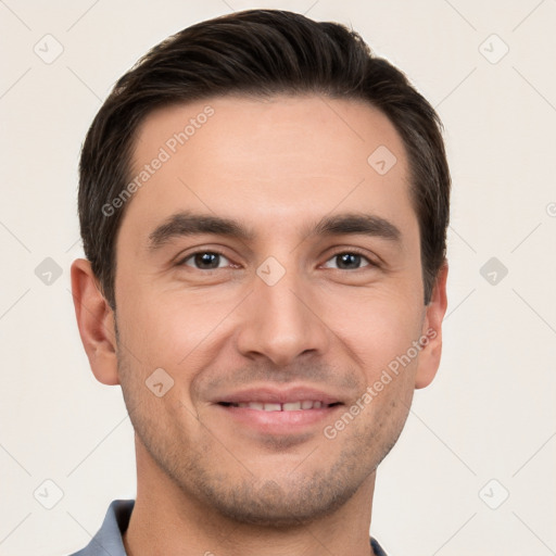 Joyful white young-adult male with short  brown hair and brown eyes