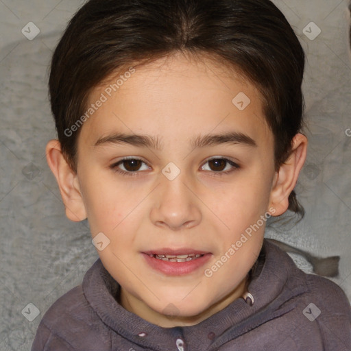 Joyful white child female with short  brown hair and brown eyes