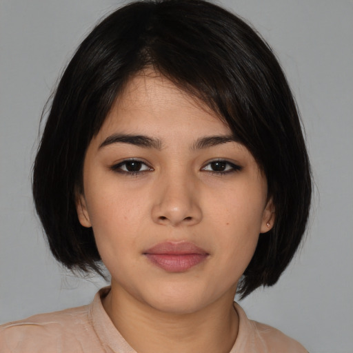 Neutral asian young-adult female with medium  black hair and brown eyes
