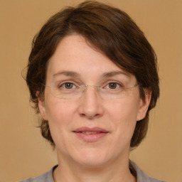 Joyful white adult female with medium  brown hair and grey eyes