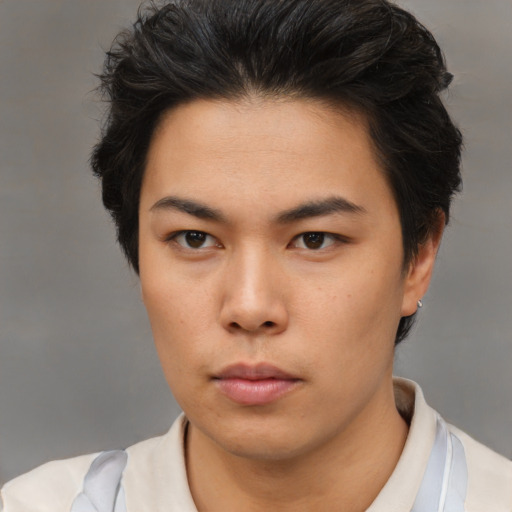 Neutral asian young-adult female with short  brown hair and brown eyes