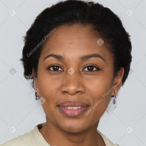 Joyful latino adult female with short  brown hair and brown eyes