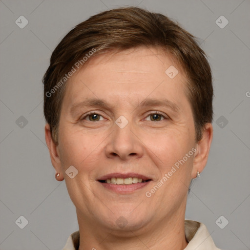 Joyful white adult male with short  brown hair and grey eyes