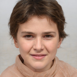 Joyful white child female with short  brown hair and brown eyes