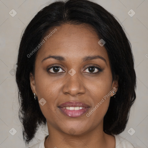 Joyful black young-adult female with medium  brown hair and brown eyes